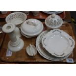 Tray of Leeds creamware items, various to include; pierced plates, candlestick, bell, bowls etc.