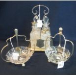 Silver plated and glass four piece cruet set on stand, together with two similar glass bon-bon