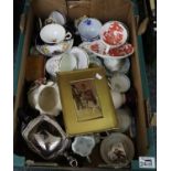 Box of assorted china and other items; cabinet cups and saucers, glass Crystoleum etc. (B.P. 21% +