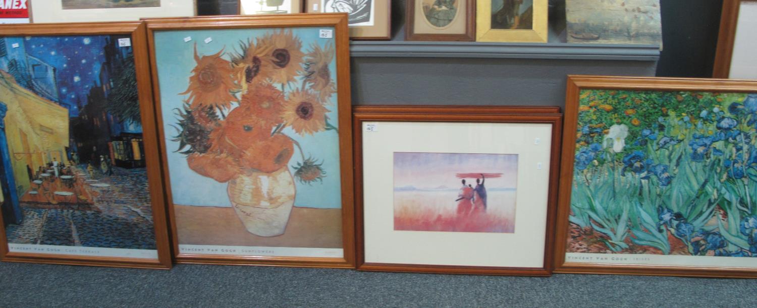 Seven large furnishing pictures including; after Van Gogh 'Sunflowers' and 'Cafe Terrace' and