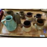 Tray comprising two tone stoneware cream jugs, Art Deco design jug, cylinder art pottery vase