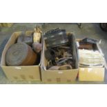 Three boxes of miscellaneous to include; pair of clogs, brass companion items, mantel clocks, trivet