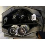 Textile photographers bag, together with Nikon Coolpix 570 digital camera with charger and two