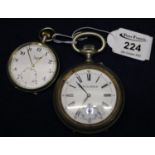 Two plated open faced key less lever pocket watches to include; Limit no. 2 with Arabic numerals and