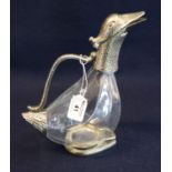 Novelty silver plated and glass claret jug in the form of a goose. (B.P. 21% + VAT) Wear to silver