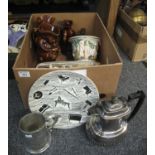 Box of assorted china and metalware to include; set of three treacle glazed toby jugs, Nao figurine,