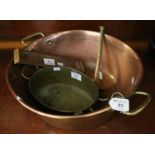 Copper and brass pans, hunting horn and brass letterbox. (2) (B.P. 21% + VAT)