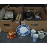 Two boxes of mainly china to include; blue and white plates, copper lustre dresser jug,