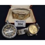 9ct gold 1920's gentleman's wristwatch on expanding plated bracelet, a modern military key less