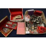 Shell encrusted jewellery case, inlaid jewellery box of assorted and varied costume jewellery,