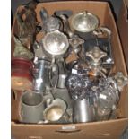 Box of assorted metalware, various to include; pewter tankards, egg cruet stand, various teaware