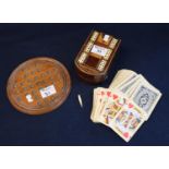 19th Century marquetry inlaid mahogany playing card box peg board with bone insets, together with