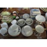 Tray of assorted china to include; a Royal Crown Derby Imari loving mug and goblet (both in poor