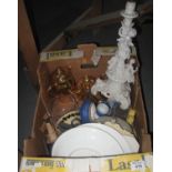 Box of assorted china and glass to include; a porcelain figural table centrepiece, souvenir