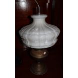 Brass oil lamp with opaque glass shade and clear chimney. (B.P. 21% + VAT)