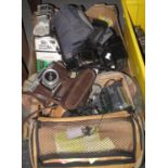 Box of assorted cameras and similar equipment to include; Rank Mamiya, Olympus digital camera,