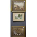 Pair of alpine studies in watercolours, framed and glazed. Together with an English river scene with