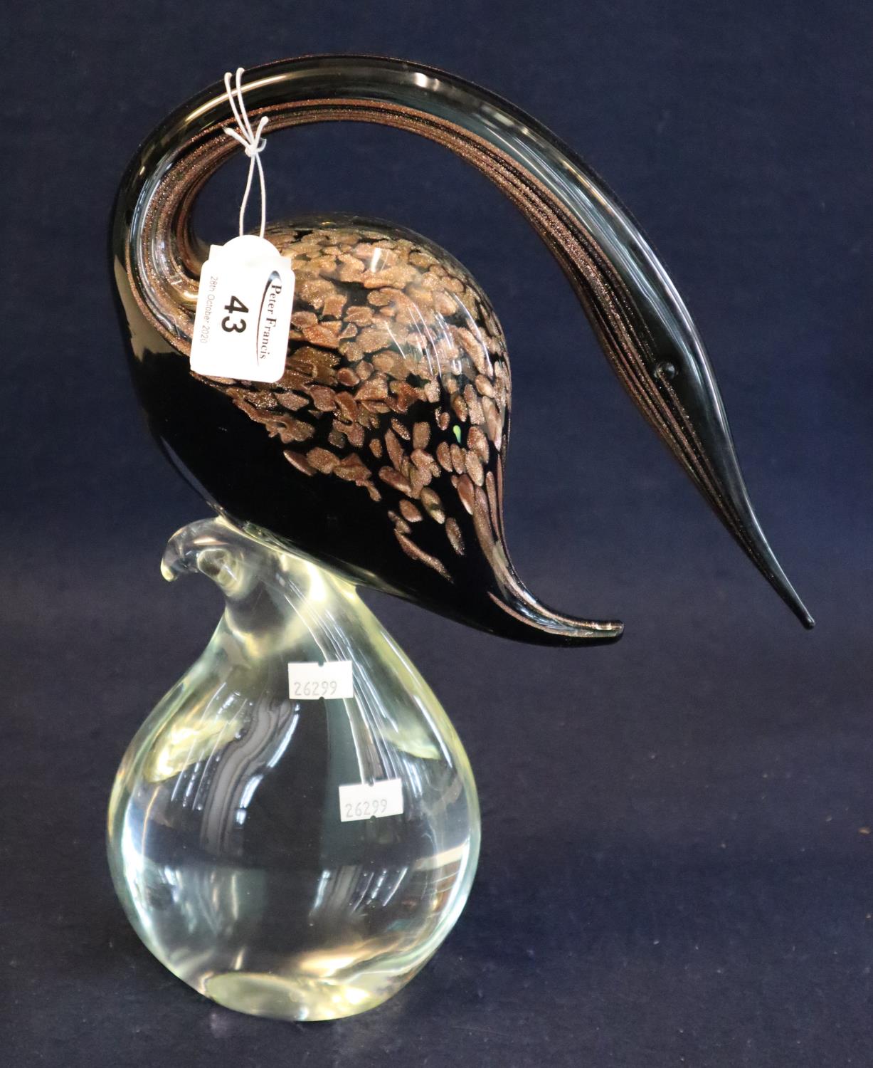 Good quality hand made Murano art glass sculpture of a stylised bird on a teardrop base. 34cm high