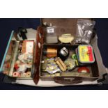 Box of oddments to include; vintage AA badge, various tobacco tins, biscuit tins, cigarette
