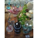 Tray of coloured art glass items to include; Murano style star design pedestal bowl, pair of
