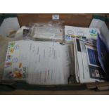 Box with all world selection of stamps in old album, envelopes and range of GB first day covers. (