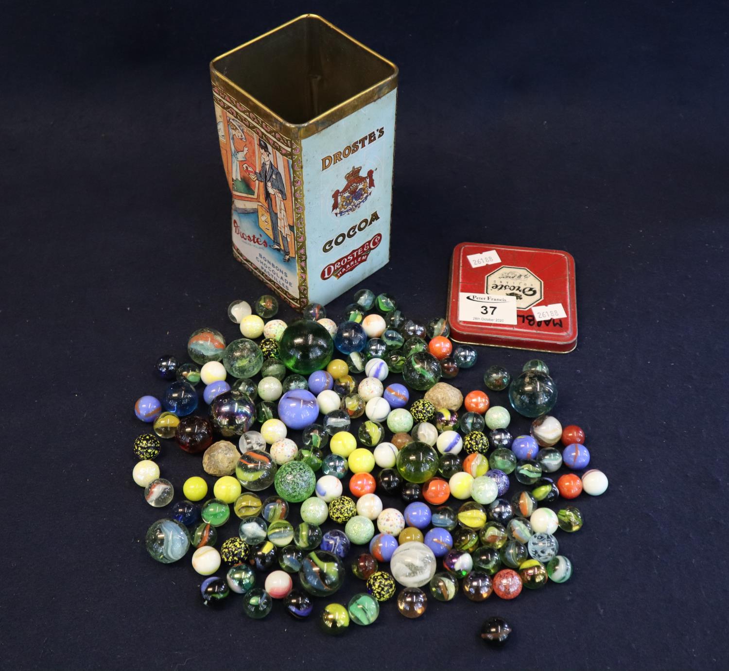 A Dutch vintage tin chocolate box 'Droste's bon-bons chocolade pastilles' containing a large