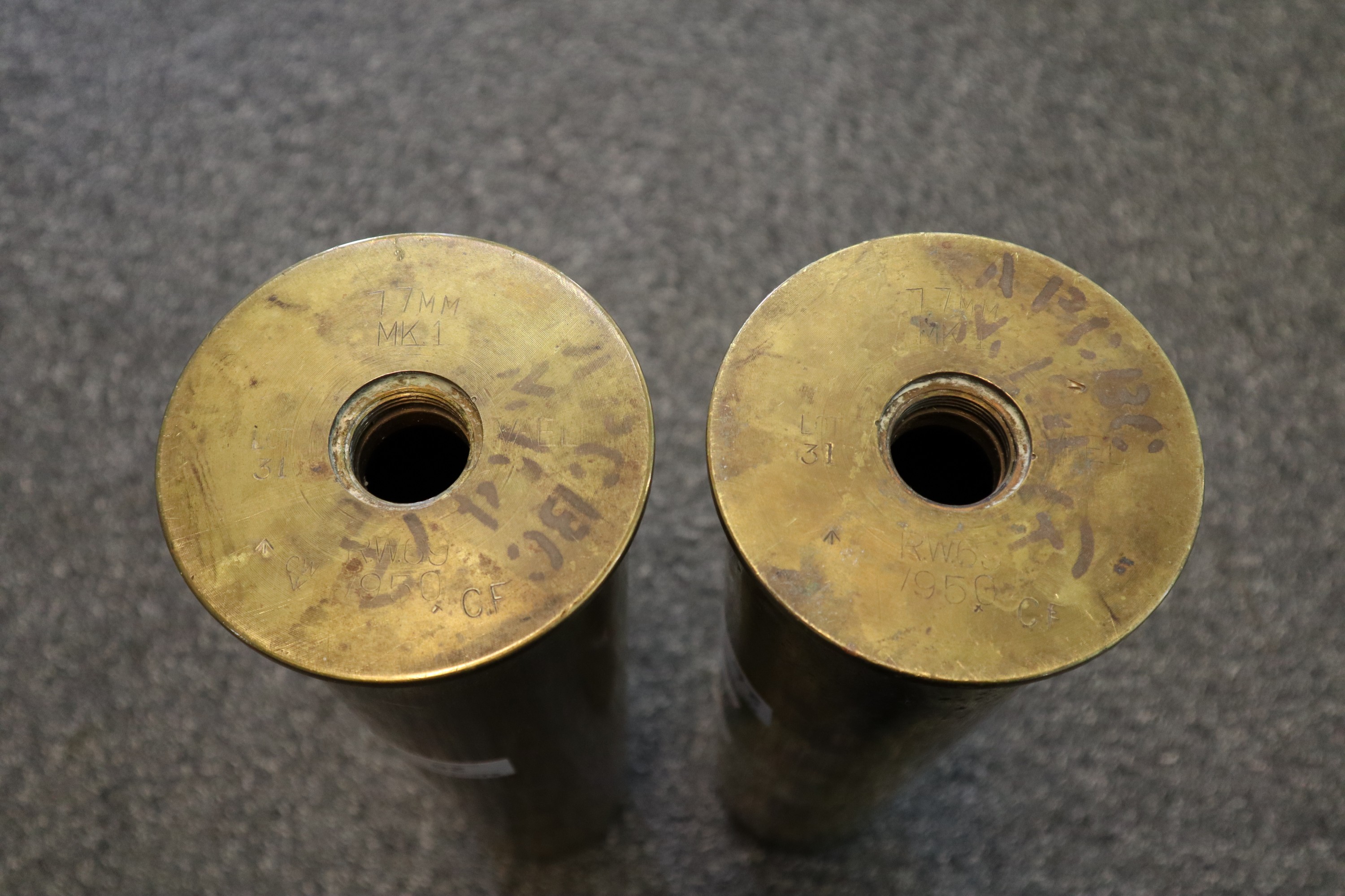 Pair of post Second World War brass 77mm shell cases, 42cm long approx. (2) (B.P. 21% + VAT) - Image 2 of 2