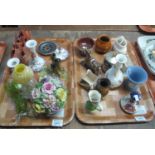 Two trays of assorted items to include; soapstone spill vase, pair of continental floral