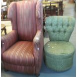 Early 20th century upholstered wing arm chair together with an early 20th century button back