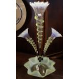 Victorian green vaseline glass epergne having single central tall flute with two shaped side flutes,
