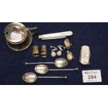 Bag of assorted oddments of silver, costume jewellery, silver bladed fruit knife, silver mustard