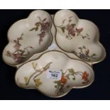 Royal Worcester three section blush ivory hors d'oeuvres dish decorated with flowers and foliage,
