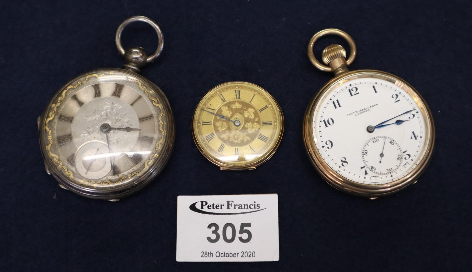 Gold plated Thomas Russell & Son key less lever open faced pocket watch, a 19th Century silver fancy