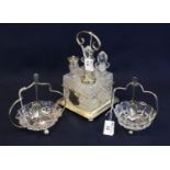 Silver plated and glass four piece cruet set on stand, together with two similar glass bon-bon