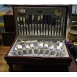 Cased Viners Guild silver plated 58 piece canteen of beaded design cutlery, the wooden base on short
