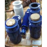 Tray of Portmeirion 'Totem' design items in blue and white to include; canisters, rolling pin,