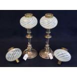 Pair of EPNS candlestick design lamp bases with two pairs of wrythen or combed Nailsea type glass,