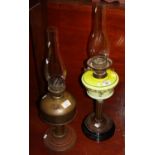Brass double burner oil lamp with ceramic reservoir, brass pedestal on ceramic foot, together with