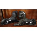 Pair of carved ebonised wooden flat backed fireside sphinx figures. (2) (B.P. 21% + VAT) One has got