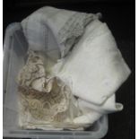 Box of vintage linen tableware including good quality embroidered and crochet table clothes. (B.P.