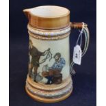 Mettlach Austrian stoneware jug continuously decorated with figures in interior, toping scenes,