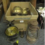 Box of metalware to include; Salter scales, brass jardinieres, tilley type lamp, miniature miners