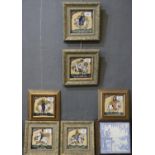 Rye tiles, a group of six ceramic tiles, framed, featuring characters from the Canterbury Tales by