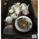 Box of assorted china to include; Aynsley bullet shaped teapot, floral cabinet cups and saucers,