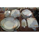 Two trays of Burleigh Art Deco design dinnerware items on a cream ground with enamelled floral and