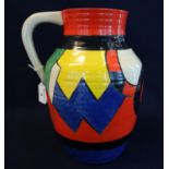 Clarice Cliff Newport pottery Bizarre range lotus jug with multi-coloured geometric decoration. 30cm