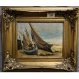 Modern French school print on canvas, beached fishing smacks, in gilt frame. 18 x 24cm approx. (B.P.