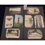 Art Nouveau design postcard album containing assorted postcards, topographical, portraits, cartoons,