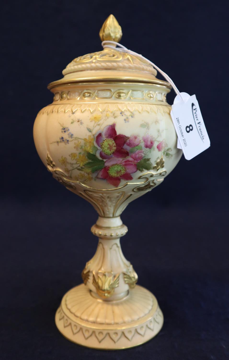 Royal Worcester blush ivory pot pourri vase and cover, overall decorated with gilt work and floral