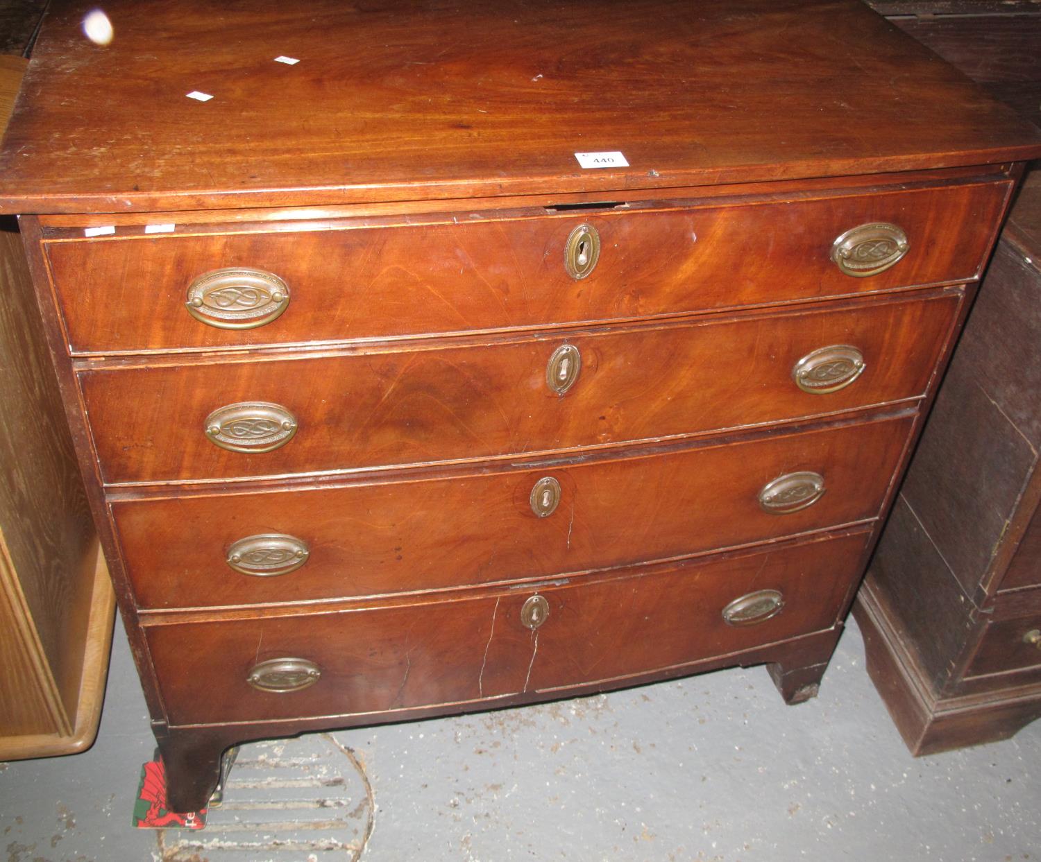 19th century mahogany bow front chest of four long drawers on bracket feet. 90 x 49 x 87 cm